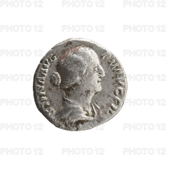 Denarius of Faustina the Younger (ca. 130–176; Roman empress 161–176; Augusta 147–161). Obverse: draped bust of Faustina II facing right, inscription STINA AVG - PII AVG FIL. Reverse: Concordia seated left with a flower, holding a flower in her right hand, left hand resting on a cornucopia, globe under the seat, inscription CONC - ORDIA. Iconography: flowers, personifications (Concordia), cornucopias, globes. Date: 147–161. Culture: Roman Empire (27 BC–476). Place: Rome. Object type: coin (denarius). Measurements: diameter 17.5–19.5 mm, weight 2.90 g, axis 180°.