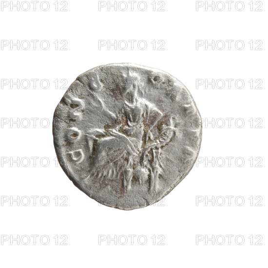 Denarius depicting Faustina the Younger (ca. 130–176; Roman empress 161–176), ca. 147–161. Obverse: draped bust of Faustina II facing right, inscription STINA AVG - PII AVG FIL. Reverse: Concordia seated with a flower in her right hand, left hand resting on a cornucopia, globe under the seat, inscription CONC - ORDIA. Iconography includes flowers, personifications (Concordia), cornucopias, and globes. Roman Empire (27 BC–476). Coin: diameter 17.5–19.5 mm, weight 2.90 g, axis 180°.