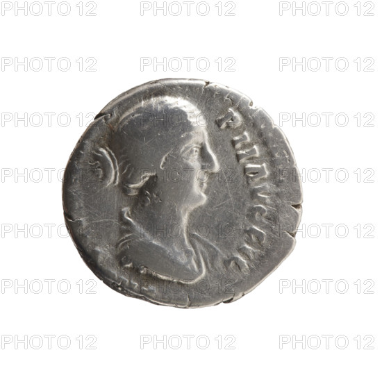 Denarius of Faustina the Younger (ca. 130–176; Roman empress 161–176). Obverse: Draped bust of Faustina II facing right, inscription STI PII AVG FIL. Reverse: Concordia seated left, holding a flower in her right hand, resting her left on a cornucopia, globe under the seat, inscription CONCORDIA. Roman Empire, 147–161. Coin; diameter 16.0–17.0 mm, weight 3.20 g, axis 0°.