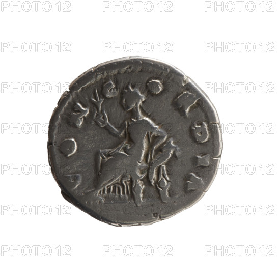Denarius of Faustina the Younger (ca. 130–176; Roman empress 161–176). Obverse: draped bust of Faustina II facing right, legend STI · - PII AVG FIL. Reverse: Concordia seated left, holding a flower in her right hand, resting her left on a cornucopia, a globe under the seat, legend CON · C · ORDIA. Iconography: flowers, Concordia (personification), personifications, globes, cornucopias. Date: 147–161. Roman Empire (27 BC–476), Rome. Medium: coin; diameter 16.0–17.0 mm, weight 3.20 g, axis 0°.