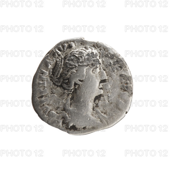 Denarius, Faustina the Younger (ca. 130–176; Roman empress 161–176) (Augusta 147–161). Obverse: draped bust of Faustina II facing right, inscription VSTINA AVG, G FIL. Reverse: Concordia seated left, holding a flower in her right hand, resting her left on a cornucopia, globe under the seat, inscription CONCORDIA. Iconography includes flowers, personifications, cornucopias, globes. Date: 147–161. Roman Empire (27 BC–476). Rome. Coin. Diameter 16.0–16.5 mm; weight 2.75 g; axis 180°.