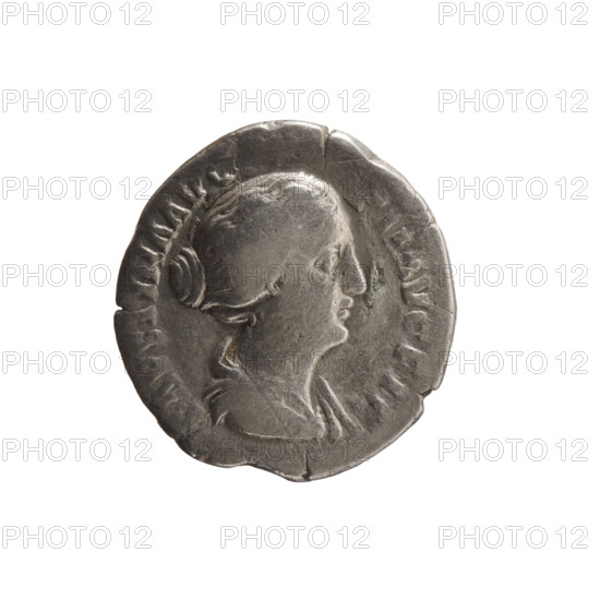 Denarius; obverse: draped bust of Faustina II facing right, inscribed FAVSTINA AVG - PII AVG FIL; reverse: Concordia seated left holding a flower in her right hand, resting left on a cornucopia, globe under the seat, inscription ending in -RDIA; iconography includes personifications, cornucopias, globes, flowers. Faustina the Younger (ca. 130–176; Roman empress 161–176; Augusta 147–161). Date: 147–161. Roman Empire (27 BC–476), Rome. Coin; diameter 19.0–19.5 mm, weight 3.15 g, axis 180°.