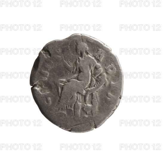 Denarius of Faustina the Younger (ca. 130–176; Roman empress 161–176; Augusta 147–161). Obverse: draped bust of Faustina II facing right, inscription FAVSTINA AVG - PII AVG FIL. Reverse: Concordia seated left, holding a flower in her right hand, resting her left on a cornucopia; globe under the seat; inscription CONCORDIA (fragmentary: C, N, - RDIA). Iconography includes personifications, cornucopias, globes, flowers. Roman Empire (27 BC–476), Rome. Coin; diameter 19.0–19.5 mm, weight 3.15 g, axis 180°.