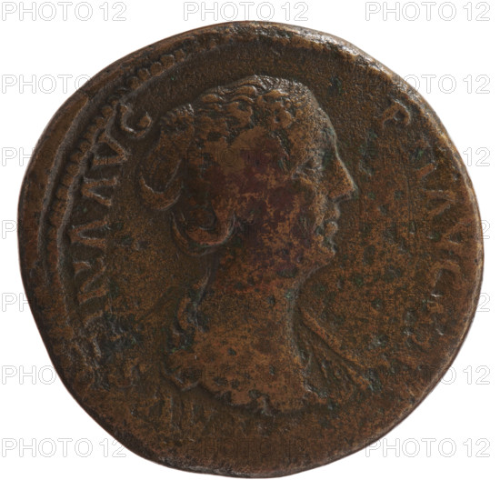 Sestertius, Faustina the Younger (ca. 130–176; Roman empress 161–176) (Augusta 147–161). Obverse: Bust of Faustina II in drapery facing right, legend 'AVSTINA AVG - PII AVG FIL'. Reverse: Diana stands frontally, turns her head to the left, holds an arrow in her outstretched right hand, rests her left hand on a bow standing on the ground; inscription 'SC' in fields. Iconography: Roman deities, Diana; Faustina the Younger—iconography; bows, arrows. Date: 147–161 CE, Roman Empire (27 BCE–476 CE), Rome. Coin: bronze sestertius; diameter 32.0–33.0 mm, weight 26.20 g, axis 165°.