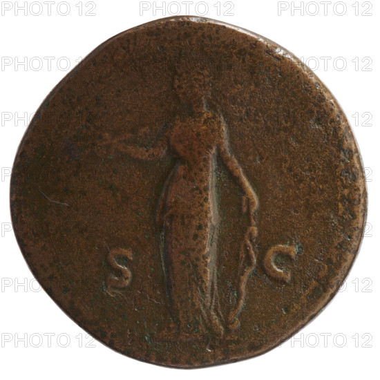 Sestertius, Faustina the Younger (ca. 130–176; Roman empress 161–176) (Augusta 147–161). Obverse: Bust of Faustina II in drapery facing right, legend AVSTINA AVG - PII AVG FIL. Reverse: Diana stands frontally, turns her head to the left, holds an arrow in her outstretched right hand, rests her left hand on a bow standing on the ground, without legend, in SC fields. Date: 147–161. Roman Empire (27 BC–476), Rome. Coin. Diameter: 32.0–33.0 mm. Weight: 26.20 g. Axis: 165 degrees.