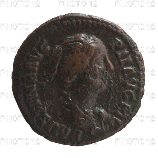 Draped bust of Faustina II facing right, inscription FAVSTINA AVG - PII AVG FIL; reverse: Juno standing left, holding a patera in her right hand and a long sceptre in her left, inscription I V - NO in SC fields. Roman dupondius/as of Faustina the Younger (ca. 130–176; Roman empress 161–176; Augusta 147–161). Iconography: Roman deities — Juno; paterae; sceptres. Roman Empire (27 BC–476), Rome. Coin: diameter 26.0 mm, weight 10.25 g, axis 210°.