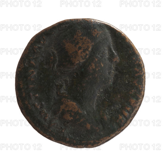 Draped bust of Faustina II facing right, inscribed 'FAVSTINA AVG - VSTA AVG PII F' around; reverse: Juno seated left, holding figures of the three Graces on her outstretched right hand and a long scepter in her left, inscribed 'I V - NO' around and 'in SC fields.' Faustina the Younger (ca. 130–176; Roman empress 161–176), iconography; Roman Empire (27 BC–476), Rome. Coin: diameter 24.5–25.0 mm, weight 10.70 g, axis 180 degrees.