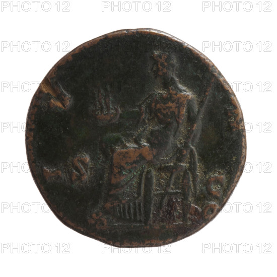 Draped bust of Faustina II facing right, inscription 'FAVSTINA AVG - VSTA AVG PII F' around; reverse: Juno seated left, holding figures of the three Graces on her outstretched right hand and a long scepter in her left, inscription 'I V - NO' around, in SC fields. Subject: Faustina the Younger (ca. 130–176; Roman empress 161–176), Roman deities, scepters, Juno, Graces; iconography notes. Date attributed to 147–161, Roman Empire (27 BC–476), Rome. Coin: diameter 24.5–25.0 mm, weight 10.70 g, axis 180°.