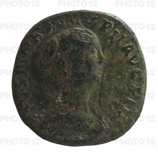 Sestertius of Faustina the Younger (ca. 130–176; Roman empress 161–176; Augusta 147–161). Obverse: draped bust of Faustina II facing right, legend FAVSTINA AVG - PII AVG FIL. Reverse: Venus stands frontally, turns her head to the left, holds an apple in her outstretched right hand and a long scepter in her left; V, S in fields, in SC. Date: 147–161. Roman Empire (27 BC–476), Rome. Coin; diameter 30.0–32.0 mm, weight 19.90 g, axis 180°.