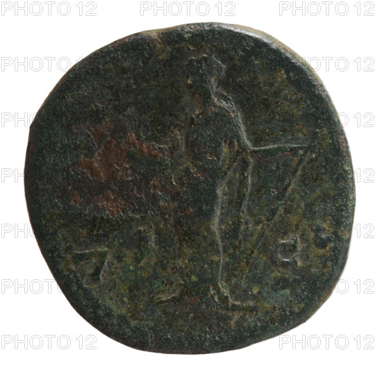 Sestertius of Faustina the Younger (ca. 130–176; Roman empress 161–176; Augusta 147–161). Obverse: Draped bust of Faustina II facing right, legend FAVSTINA AVG - PII AVG FIL. Reverse: Venus stands frontally, turns her head to the left, holds an apple in her outstretched right hand and a long scepter in her left; letters V, S in fields, in SC. Date attributed 147–161, Roman Empire (27 BC–476), Rome. Coin. Diameter 30.0–32.0 mm; weight 19.90 g; axis 180°.