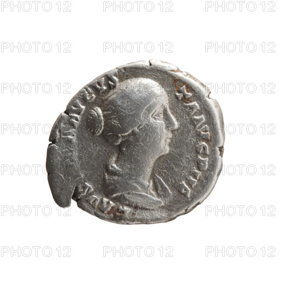 Denarius, Faustina the Younger (ca. 130–176; Roman empress 161–176) (Augusta), personifications; Draped bust of Faustina II facing right, legend FAVSTINA AVGVS - TA AVG PII F; reverse: Pudicitia standing left, holding a patera in her right hand above a burning altar, legend PVDI - CITIA; date ca. 147–161; Roman Empire (27 BC–476), Rome; coin; Diameter 17.0–19.0 mm; Weight 3.25 g; Axis 0°.