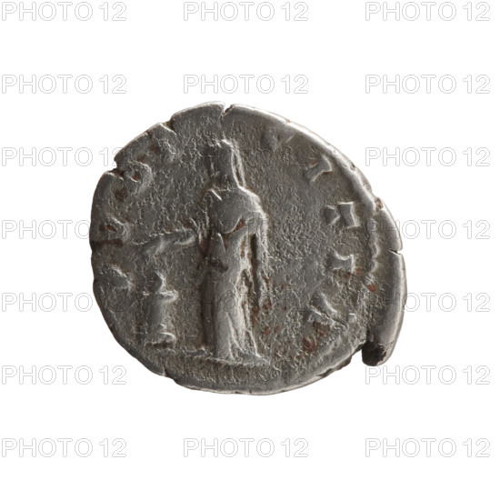 Denarius of Faustina the Younger (ca. 130–176; Roman empress 161–176; Augusta 147–161). Obverse: draped bust of Faustina II facing right, legend 'FAVSTINA AVGVS-TA AVG PII F'. Reverse: Pudicitia standing left, holding a patera in her right hand above a burning altar, legend 'PVDI-CITIA'. Roman Empire (27 BC–476), Rome. Coin. Diameter 17.0–19.0 mm; weight 3.25 g; axis 0°.