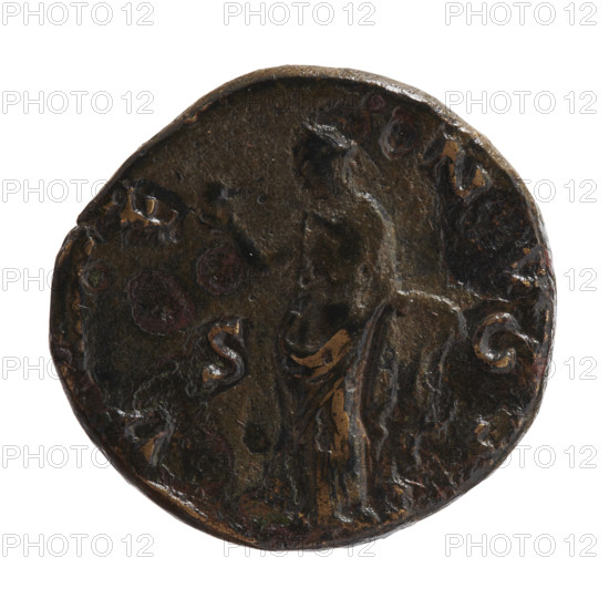 Draped bust of Faustina II facing right, inscription 'VSTINAE - AVG PII AVG FIL' all around; reverse: Venus stands frontally, turns her head to the left, holds an apple in her outstretched right hand, long scepter in her left, inscription 'V E - NV - S' all around, in SC fields. Dupondius/as of Faustina the Younger (ca. 130–176; Roman empress 161–176; Augusta 147–161). Iconography: Roman deities, apples, scepters; Venus (mythology). Roman Empire (27 BC–476), Rome. Coin: diameter 25.0–25.5 mm, weight 12.30 g, axis 0°.