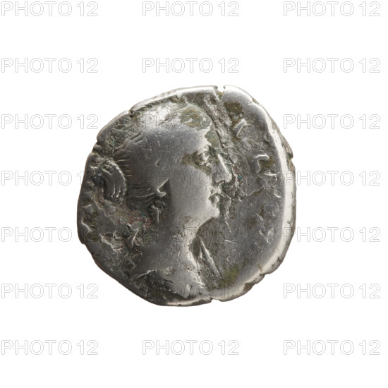 Denarius of Faustina the Younger (ca. 130–176; Roman empress 161–176; Augusta), ca. 147–161. Obverse: draped bust of Faustina II facing right, legend TINA - AV]G. Reverse: Spes (personification) standing left, holding a flower in her right hand and lifting the hem of her robe with her left, legend AVGV. Roman Imperial coin; diameter 16.0 mm, weight 3.00 g, axis 180°.