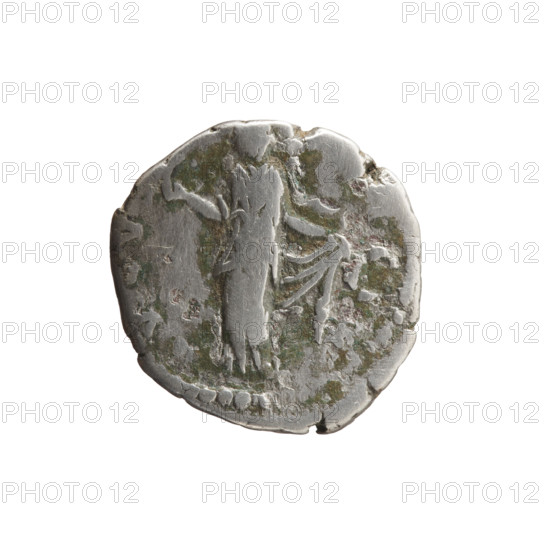 Denarius of Faustina the Younger (ca. 130–176; Roman empress 161–176; Augusta 147–161). Obverse: draped bust of Faustina II facing right, inscription TINA - AV]G (all around). Reverse: Spes (personification) standing left, holding a flower in her right hand and lifting the hem of her robe with her left hand, inscription AVGV (all around). Date: 147–161. Roman Empire (27 BC–476). Coin: diameter 16.0 mm, weight 3.00 g, axis 180°.