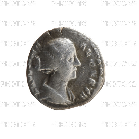 Denarius of Faustina the Younger (ca. 130–176; Roman empress 161–176; Augusta), obverse: draped bust of Faustina II facing right, inscription FAVS·NA·AVGVSTA; reverse: Venus standing left, holding Victoria in her outstretched right hand and resting her left hand on a shield placed on a helmet, inscription AVGVSTI·PII·FI; iconography includes Venus, helmets, shields, Victoria; Roman Empire (27 BC–476), Rome; coin; diameter 17.0–17.5 mm, weight 3.20 g, axis 180°.