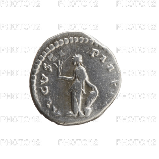 Denarius depicting Faustina the Younger (ca. 130–176; Roman empress 161–176; Augusta), obverse: draped bust of Faustina II facing right, inscribed FAVSNA AVGVSTA. Reverse: Venus stands left, holds Victoria in her outstretched right hand, rests her left hand on a shield placed on a helmet, inscribed AVGVSTI PII FI. Roman Empire (27 BC–476), Rome; coin, diameter 17.0–17.5 mm, weight 3.20 g, axis 180°.