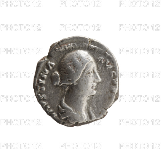 denarius, Faustina the Younger (ca. 130–176; Roman empress 161–176) (Augusta 147–161); subject: Venus (mythology), Faustina the Younger — iconography, Roman deities, helmets, shields, Victoria (attribute); obverse: bust of Faustina II in drapery facing right, inscription AVSTINA - AVGVS around; reverse: Venus stands left, holds Victoria in her outstretched right hand, rests her left hand on a shield placed on a helmet, inscription AV, VS, I - L circumferential; date: 147–161; Roman Empire (27 BC–476), Rome; object: coin (denarius); diameter 16.2 × 17.2 mm, weight 3.37 g