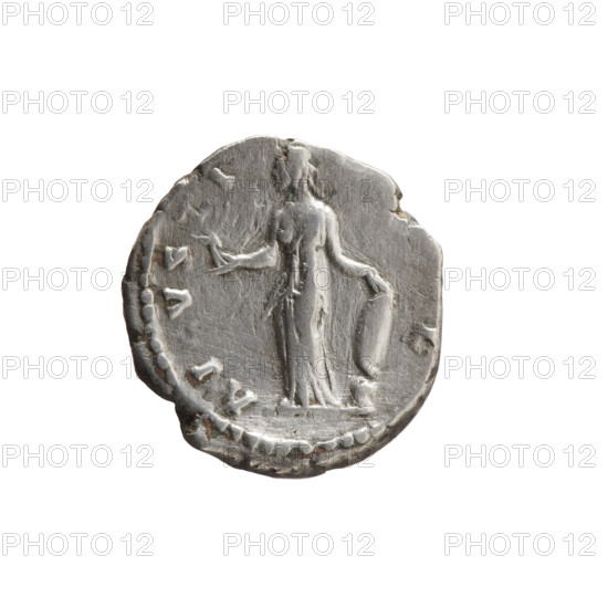 denarius, Faustina the Younger (ca. 130–176; Roman empress 161–176) (Augusta 147–161); subject: Victoria, Venus (mythology); iconography: Bust of Faustina II in drapery facing right, inscription 'AVSTINA - AVGVS' around; reverse: Venus stands left, holds Victoria in her outstretched right hand, rests her left hand on a shield placed on a helmet, inscription 'AV·VS·I' (circumferential); date: 147–161; Roman Empire (27 BC–476), Rome; object: coin (denarius); dimensions: diameter 16.2 x 17.2 mm, weight 3.37 g