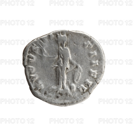 Denarius depicting Faustina the Younger (ca. 130–176; Roman empress 161–176), draped bust of Faustina II facing right with inscription VSTI - AVG; reverse: Venus stands left, holds Victoria in her outstretched right hand, rests her left hand on a shield placed on a helmet, inscription AVGVS - TI - PII FIL. Attributes: helmets, shield, Victoria; iconography of Venus. Roman Empire (27 BC–476), Rome. Coin; diameter 16.5–18.0 mm, weight 3.30 g, axis 180°. Dates cited: 147–161.