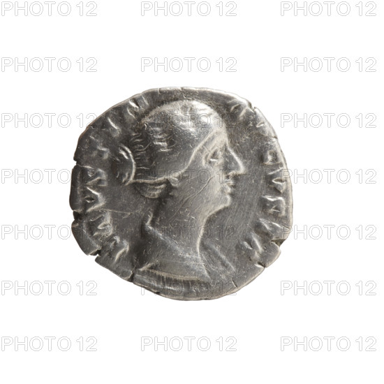 Denarius depicting Faustina the Younger (ca. 130–176; Roman empress 161–176; Augusta 147–161). Obverse: draped bust of Faustina II facing right, inscription FAVSTINA AVGVSTA. Reverse: Venus stands left, holds Victoria in her outstretched right hand, rests her left hand on a shield placed on a helmet, inscription AVGVSTI PII FIL. Iconography: Roman deities, Venus; Victoria (attribute); helmets; shields; Faustina the Younger — iconography. Date: 147–161. Roman Empire (27 BC–476), Rome. Coin: silver denarius; diameter 16.5–17.0 mm; weight 3.15 g; axis 0°.