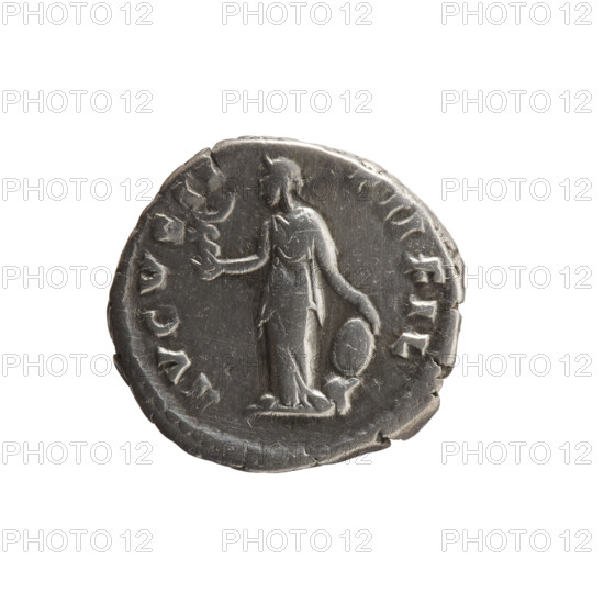 Denarius depicting Faustina the Younger (ca. 130–176; Roman empress 161–176; Augusta), draped bust of Faustina II facing right with legend FAVSTIN - AVGVSTA; reverse: Venus stands left holding Victoria in her outstretched right hand and resting her left hand on a shield placed on a helmet, legend AVGVSTI - PII FIL. Date: 147–161. Roman Empire (27 BC–476), Rome. Coin: diameter 16.5–17.0 mm, weight 3.15 g, axis 0°. Subjects/attributes: Roman deities (Venus), Victoria (attribute), helmets, shields; iconography of Faustina the Younger.