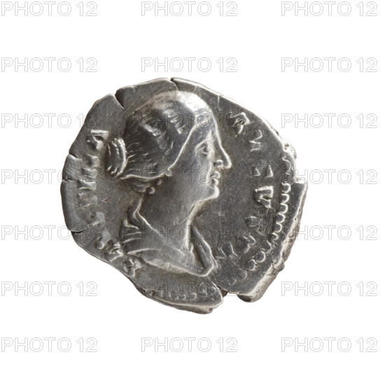 Denarius, Faustina the Younger (ca. 130–176; Roman empress 161–176; Augusta), Roman deities; iconography: helmets, shields, Venus, Victoria. Obverse: Draped bust of Faustina II facing right, inscription FAVTINA AVGVSTA. Reverse: Venus stands left, holds Victoria in her outstretched right hand, rests her left hand on a shield placed on a helmet, inscription AVGUSTI PII FIL. Date: 147–161. Roman Empire (27 BC–476). Rome. Coin; diameter 18.0–19.0 mm; weight 3.02 g; axis 180°.