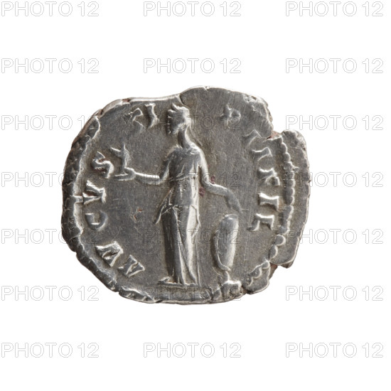 Denarius of Faustina the Younger (ca. 130–176; Roman empress 161–176; Augusta), mid–2nd century. Obverse: draped bust of Faustina II facing right, inscribed FAV[T]INA · AVGVSTA. Reverse: Venus standing left, holding Victoria in her outstretched right hand and resting her left hand on a shield placed on a helmet, inscribed AVGVS[T]I · PII FIL. Roman coin, Rome; diameter ~18–19 mm, weight 3.02 g, axis 180°.