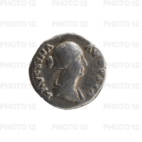 Denarius of Faustina the Younger (ca. 130–176; Roman empress 161–176; Augusta), ca. 147–161. Obverse: draped bust of Faustina II facing right, inscribed FAVSTINA·AV. Reverse: Venus standing left, holding Victoria in her outstretched right hand and resting her left hand on a shield placed on a helmet, with inscription AVGVS·TI·I·FIL. Roman Empire (27 BC–476). Coin; diameter 15.0–16.0 mm; weight 2.90 g; axis 180°.