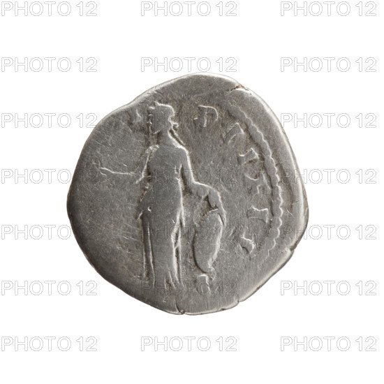 Denarius depicting Faustina the Younger (ca. 130–176; Roman empress 161–176) as Augusta, obverse: draped bust of Faustina II facing right with legend FAVSTINA·AVGVSTA; reverse: Venus standing left, holding Victoria in her outstretched right hand and resting her left hand on a shield placed on a helmet, with legend I·PII·FIL. Roman Empire, ca. 147–161. Coin; diameter 18.0 mm; weight 3.12 g; axis 0°.