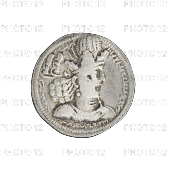 Drachma, Shapur II (ruler of Persia; 309–379). Obverse: Bust of Sapor II facing right wearing a mural crown topped with a globe; short curly beard tied at the bottom, curly hair tied in a round lock; Pahlavi inscription. Reverse: Burning altar with flames containing a male bust facing right; two male figures stand on either side facing each other, each holding a sword; pearl border; Pahlavi inscription. Date: 309–379. Persia. Coin. Weight: 3.99 g.