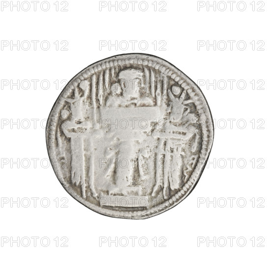 Drachma of Shapur II (ruler of Persia; 309–379). Obverse: Bust of Shapur II facing right wearing a mural crown and a globe, short curly beard tied at the bottom, curly hair in a round lock; Pahlavi inscription. Reverse: Burning altar with a male bust in the flames facing right; two male figures stand on either side facing each other, each holding a sword; pearl border; Pahlavi inscription. Persia, 309–379; coin, weight 3.99 g.