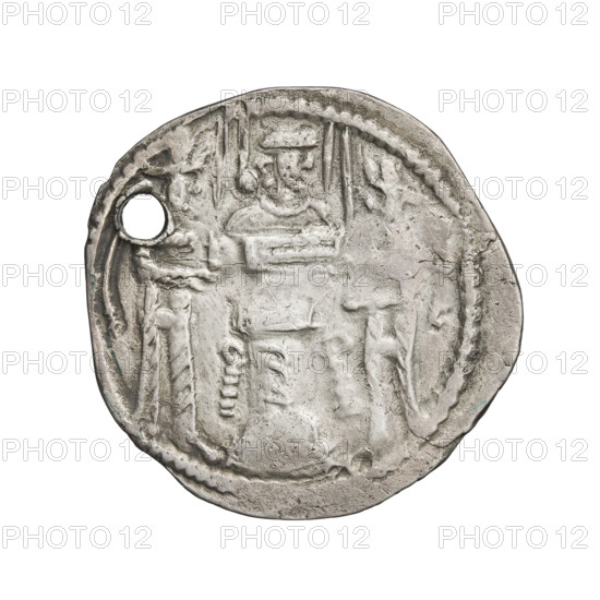 Drachma of Shapur II (ruler of Persia; 309–379). Obverse: Bust of Shapur II facing right, wearing a crown with a korymbos; Pehlevi inscription. Reverse: Fire altar with flames containing a male bust facing right; two male figures standing on either side facing each other, both holding barsomas; pearl rim; Pehlevi inscription. Sassanid art; Sassanid Kingdom; Persia. Coin, dia. 23.0 mm, weight 3.30 g.