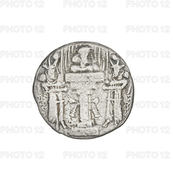 Drachma of Shapur II (ruler of Persia; 309–379). Obverse: Bust of Shapur II wearing a crown topped with a korymbos, facing right; Pahlavi inscription. Reverse: Fire altar with flames containing a male bust facing right; on either side stand the king and the priest facing each other, both holding barsomas; pearl rim; Pahlavi inscription. Sassanid art; Sassanid Kingdom; Iran/Persia. Function: coin (fire altar motif). Date: 309–379. Measurements: diameter 19.5–20.0 mm; weight 3.20 g.
