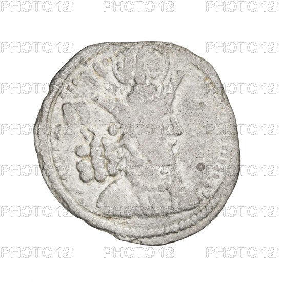 Drachma, Shapur II (ruler of Persia; 309–379). Obverse: bust of Sapor II facing right; wearing a mural crown with a globe atop, short curly beard tied at the bottom, curly hair tied in a round lock; Pahlavi inscription. Reverse: burning altar; on both sides below it, crescents on pedestals facing away from each other, three dots forming a triangle below the pedestals; pearl border; Pahlavi inscription. Coin, Persia, 309–379, weight 3.24 g.
