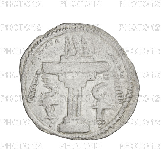 Drachma, Shapur II (ruler of Persia; 309–379). Obverse: Bust of Sapor II facing right; wearing a mural crown and a globe representing the universe; short curly beard tied at the bottom, curly hair tied in a round lock; Pahlavi inscription. Reverse: Burning altar; on both sides below it, crescents on pedestals facing away from each other; below the pedestals three dots forming a triangle; pearl border; Pahlavi inscription. Date: 309–379. Persia. Coin. Weight: 3.24 g.