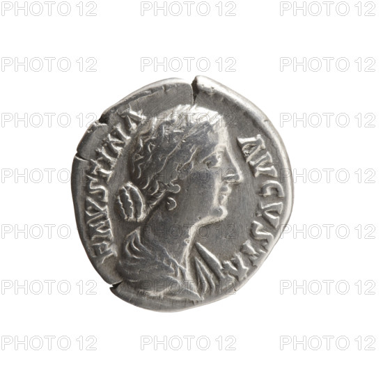 Denarius depicting Faustina the Younger (ca. 130–176; Roman empress 161–176) and Marcus Aurelius (121–180; Roman emperor 161–180). Obverse: bust of Faustina II in drapery facing right, inscription FAVSTINA · AVGVSTA. Reverse: Ceres veiled, seated on a basket (cista) facing left, holding ears of corn in her extended right hand and a short torch in her left, inscription C E · RES. Date ca. 161–176, Roman Empire (27 BC–476), Rome. Coin: diameter 17.0–19.0 mm, weight 3.10 g, axis 180°.