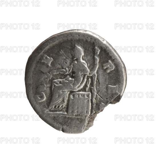 Denarius, Faustina the Younger (ca. 130–176; Roman empress 161–176), issuer Marcus Aurelius (121–180; Roman emperor 161–180). Bust of Faustina II in drapery facing right, legend FAV[T]INA AVGVSTA around. Reverse: Ceres in a veil sitting on a basket (cista) facing left, holding ears of corn in her extended right hand and a long torch in her left, legend C E R E (circumferential). Roman Empire, dated 161–176. Coin (Rome): diameter 18.0–18.5 mm, weight 2.85 g, axis 15°.