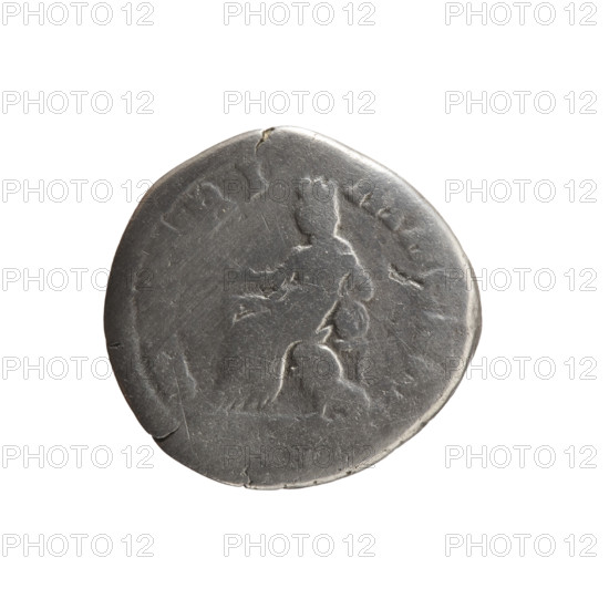 Denarius; obverse: Bust of Faustina II in drapery facing right, inscription 'FAVSTINA - AVGVSTA'. Reverse: Cybele (Magna Mater) in a turret crown seated left, holding a branch in her right hand, resting her left on a drum, a lion seated below, inscription 'MATRI - MAGNAE'. Issuer: Marcus Aurelius. Iconography: Cybele, lions, drums, branches. Faustina the Younger (ca. 130–176; Roman empress 161–176). Date: 161–176 CE. Culture: Roman Empire (27 BC–476). Place: Rome. Object type: coin. Diameter: 17.0–18.0 mm. Weight: 2.78 g. Axis: 0°.