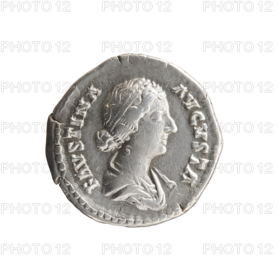 Denarius of Faustina the Younger (ca. 130–176; Roman empress 161–176), issuer Marcus Aurelius (121–180; Roman emperor 161–180). Obverse: Bust of Faustina II in drapery facing right, inscription FAVSTINA · AVGVSTA. Reverse: Fecunditas standing right, holding a long scepter in her right hand and a child in her left, inscription FECVNDITAS. Date: 161–176. Roman Empire, Rome. Coin: diameter 17.5–18.0 mm, weight 3.00 g, axis 0°.