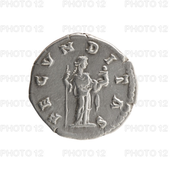 Denarius; obverse: bust of Faustina II in drapery facing right, inscription 'FAVSTINA - AVGVSTA'; reverse: Fecunditas standing right, holding a long scepter in her right hand and a child in her left, inscription 'FECVNDITAS'. Issuer: Marcus Aurelius; portrait and iconography: Faustina the Younger (ca. 130–176, Roman empress 161–176); personifications, scepters, children; date ca. 161–176 CE; Roman Empire, Rome. Coin (denarius): diameter 17.5–18.0 mm, weight 3.00 g, axis 0°.