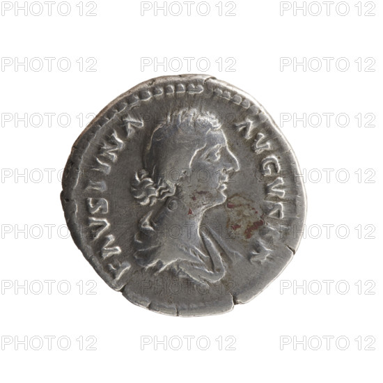 Denarius, Marcus Aurelius (121–180), issuer; Faustina the Younger (c.130–176), Roman empress; personifications; children; Fecunditas (personification); scepters. Obverse: Draped bust of Faustina II facing right, inscription FAVSTINA · AVGVSTA. Reverse: Fecunditas standing right, holding a long scepter in her right hand and a child in her left, inscription FECV · N · D · ITAS. Date: 161–176. Roman Empire, Rome. Coin; diameter 18.5 mm; weight 3.10 g; axis 0°.
