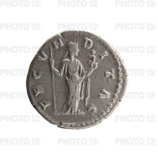 Denarius, Marcus Aurelius (121–180; Roman emperor 161–180) issuer; obverse: draped bust of Faustina II facing right, inscription FAVSTINA · AVGVSTA; reverse: Fecunditas standing right, holding a long scepter in her right hand and a child in her left, inscription FECVNDITAS; iconography: Faustina the Younger (ca. 130–176; Roman empress 161–176), personifications, children, Fecunditas, scepters; date: 161–176; Roman Empire (27 BC–476), Rome; coin (denomination): denarius; diameter 18.5 mm; weight 3.10 g; axis 0°