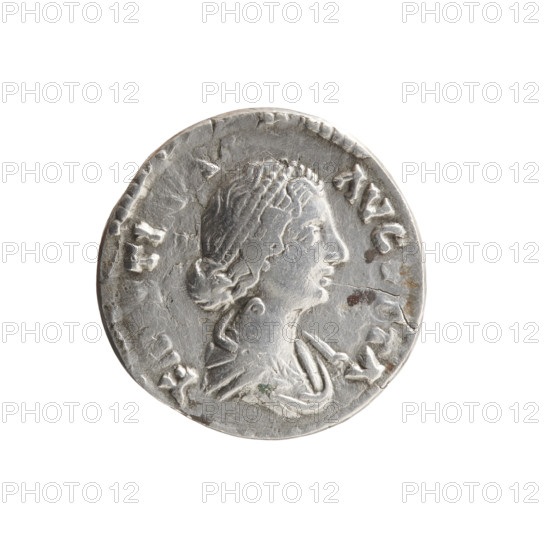 Denarius of Faustina the Younger (ca. 130–176), Roman empress 161–176; Marcus Aurelius (121–180), Roman emperor 161–180 (issuer). Obverse: draped bust of Faustina II facing right, legend F[T]A? TI[A] AVG STA (letters as on coin). Reverse: Fecunditas standing right, holding a long scepter in her right hand and a child in her left, legend FECVNDITAS. Date: 161–176. Roman Empire (27 BC–476), Rome. Coin: silver denarius; diameter 17.0–17.5 mm, weight 2.70 g, axis 0°.