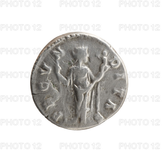 Denarius of Faustina the Younger (ca. 130–176), Roman empress (161–176); issuer: Marcus Aurelius (121–180), Roman emperor (161–180). Obverse: draped bust of Faustina II facing right, inscription 'F[...], TI[A] - AVG, STA' (letters around). Reverse: Fecunditas standing right, holding a long scepter in her right hand and a child in her left, inscription 'FECVN-DITAS' (around). Iconography: scepters; personification Fecunditas (fecundity) with child. Date: 161–176, Roman Empire (27 BC–476). Coin (Rome): diameter 17.0–17.5 mm, weight 2.70 g, axis 0°.