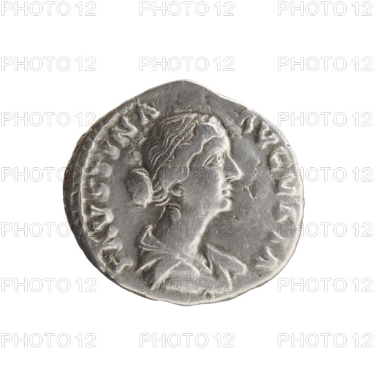 Denarius of Faustina the Younger (ca. 130–176), Roman empress 161–176; Marcus Aurelius (121–180), Roman emperor 161–180 (issuer). Obverse: draped bust of Faustina II facing right, legend FAVSTINA·AVGVSTA. Reverse: Fecunditas standing right, holding a long scepter in her right hand and a child in her left, legend FECVNDITAS. Iconography: scepters, personifications, children; Fecunditas (personification). Date: 161–176. Roman Empire, Rome. Coin; diameter 17.0–18.0 mm, weight 3.22 g, axis 180°.