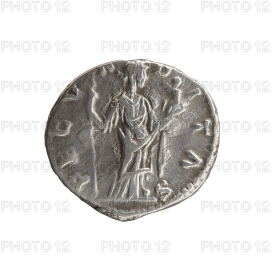 Denarius of Faustina the Younger (ca. 130–176), Roman empress 161–176; issuer Marcus Aurelius (121–180), Roman emperor 161–180. Obverse: draped bust of Faustina II facing right, inscribed 'FAVSTINA·AVGVSTA'. Reverse: Fecunditas standing right holding a long scepter in her right hand and a child in her left, inscribed 'FECVNDITAS'. Date: 161–176. Roman Empire, Rome. Coin; diameter 17.0–18.0 mm, weight 3.22 g, axis 180°.