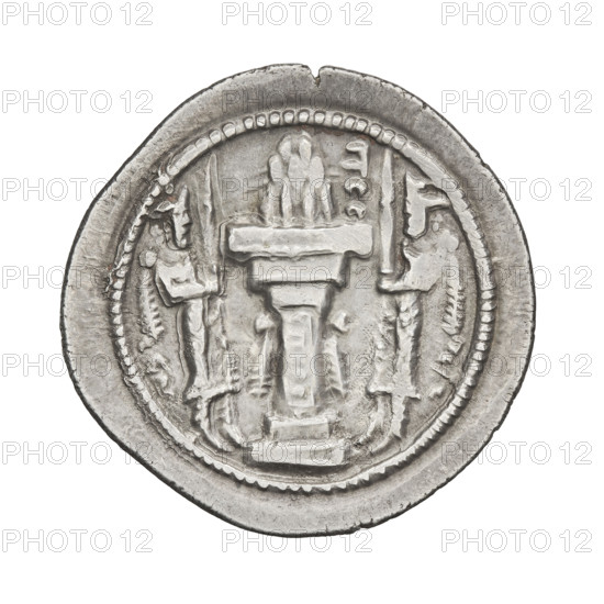 drachma, Bahram IV (ruler of Persia; 389–399), busts, altars, crowns, Iran, korymbos, Persia, fire altar (iconographic), Sassanid art, Sassanid Kingdom. Obv.: Bust of Bahram IV facing right; on his head a crown with wings and a korymbos. Pahlavi inscription. Rev.: Fire altar; below the altar the king and the priest facing each other, both holding barsoms; above the altar on the right side a vertical inscription; pearl rim. Pahlavi inscription. Date: 389–399. Coin: dia. 23.5 × 24.5 mm, weight 4.20 g.