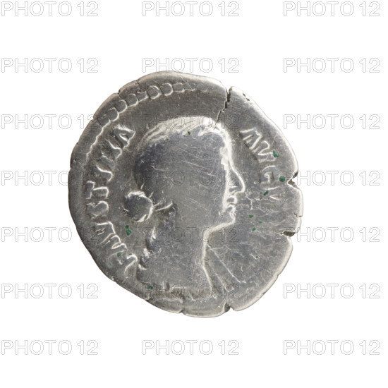 Denarius depicting Faustina the Younger (ca. 130–176; Roman empress 161–176) and Marcus Aurelius (121–180; Roman emperor 161–180). Obverse: bust of Faustina II in drapery facing right, inscribed FAVSTINA·AVGVSTA. Reverse: Fecunditas (personification) standing right, holding a long scepter in her right hand and a child in her left, inscribed FECVNDITAS. Date: 161–176. Roman Empire (27 BC–476), Rome. Coin. Diameter: 16.0–18.0 mm. Weight: 3.00 g. Axis: 180°.