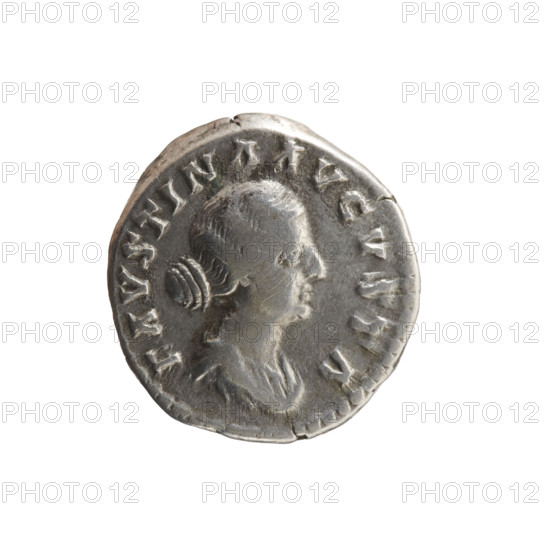 Denarius, Faustina the Younger (ca. 130–176; Roman empress 161–176); Marcus Aurelius (121–180; Roman emperor 161–180) — issuer. Obverse: Bust of Faustina II in drapery facing right, legend FAVSTINA AVGVSTA. Reverse: Fecunditas (personification) standing left, holding two children in her arms, two more children standing at her sides, legend FECVND AVGVSTAE. Date: 161–176. Roman Empire (27 BC–476), Rome. Coin. Diameter 16.0–17.5 mm; weight 3.40 g; axis 180°.